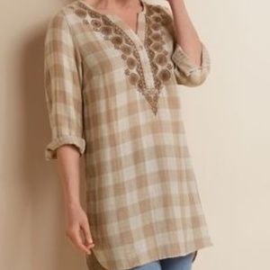 NWT SOFT SURROUNDINGS Summertime Gauze Tunic Plaid Sahara Sand Size Small (6-8)
